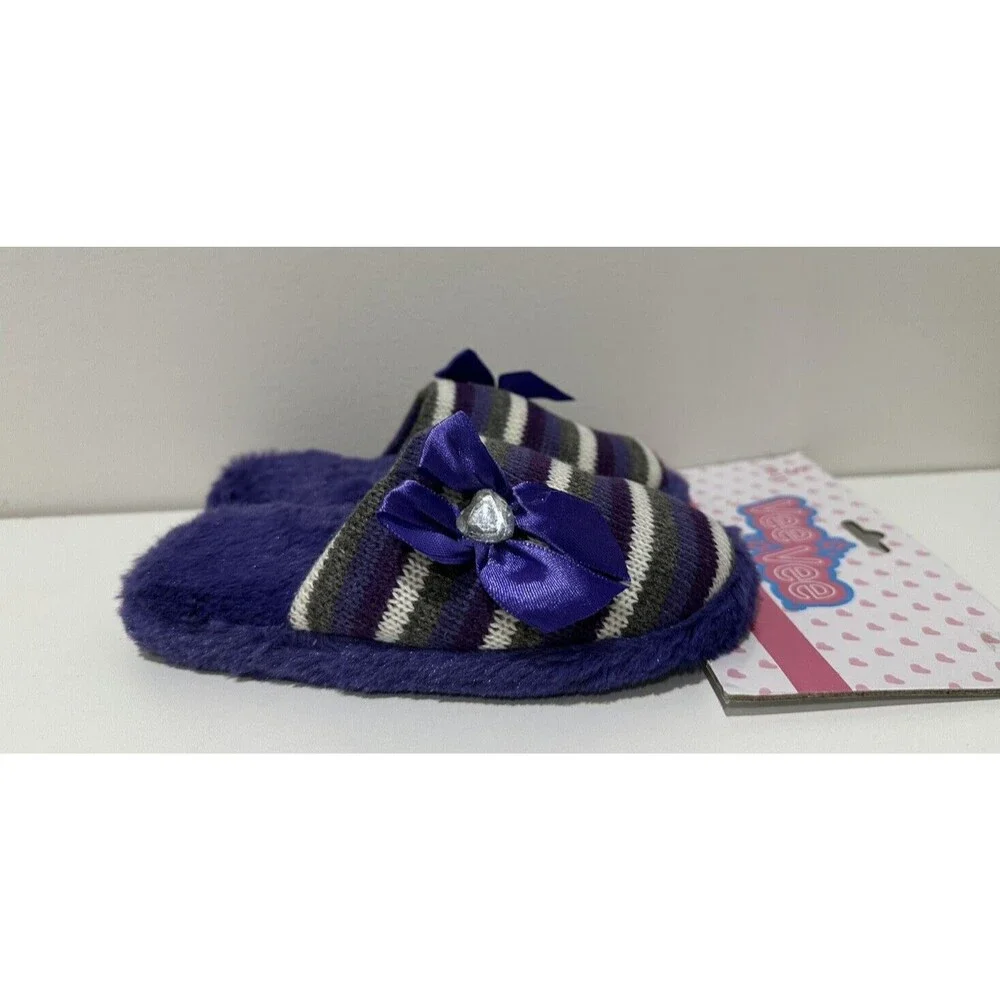 Vee Vee girl's small size 10-11 slip on purple striped slippers with bow